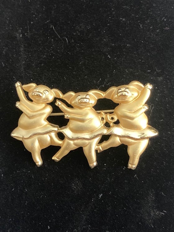 Vintage Pigs Dancing Ballet Gold Tone Brooch