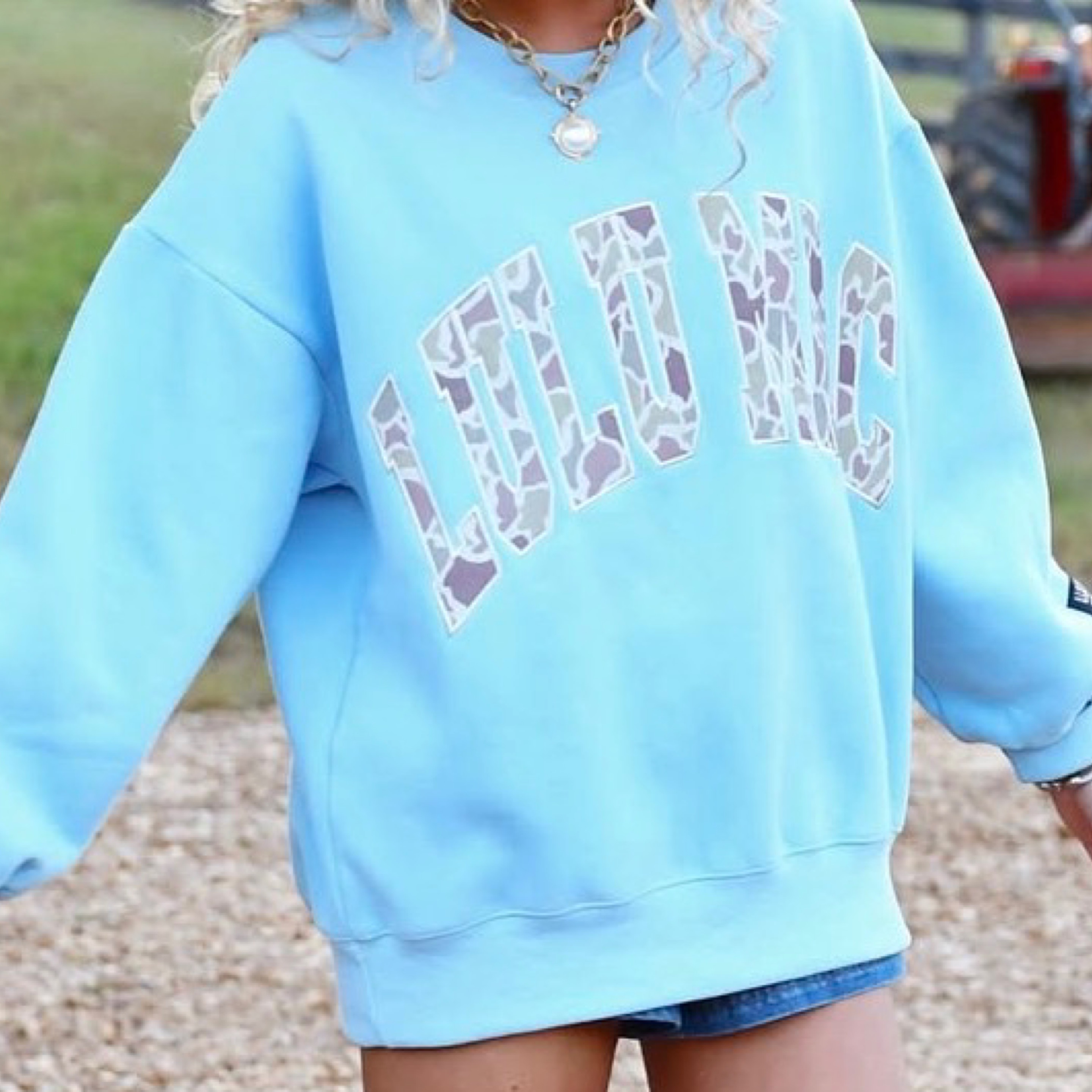 LuluMac sweatshirt light blue/camo — Bama Tan boutique, Tuscaloosa AL