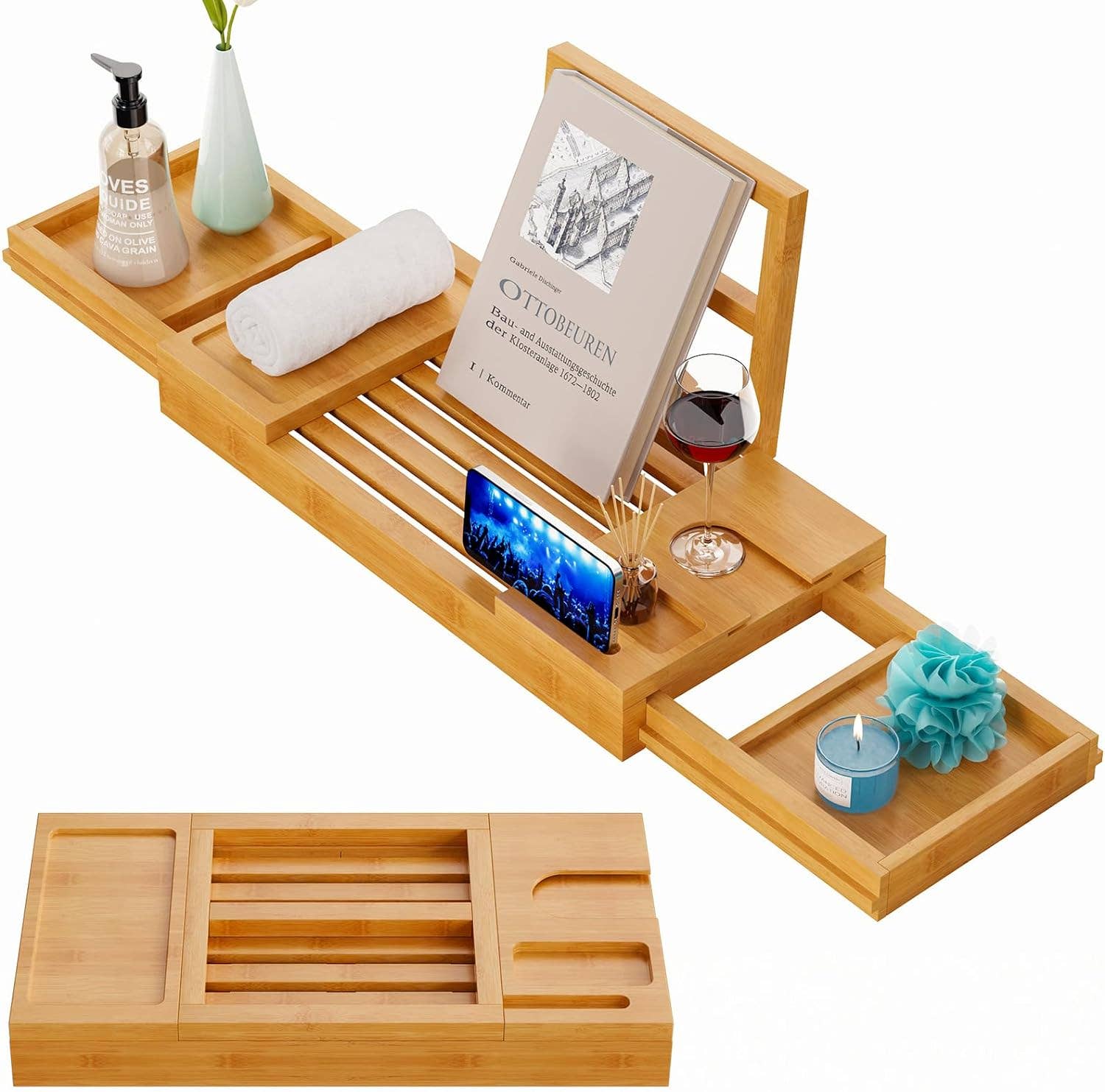 Bamboo Bathtub Tray, Expandable Bathroom Tray
