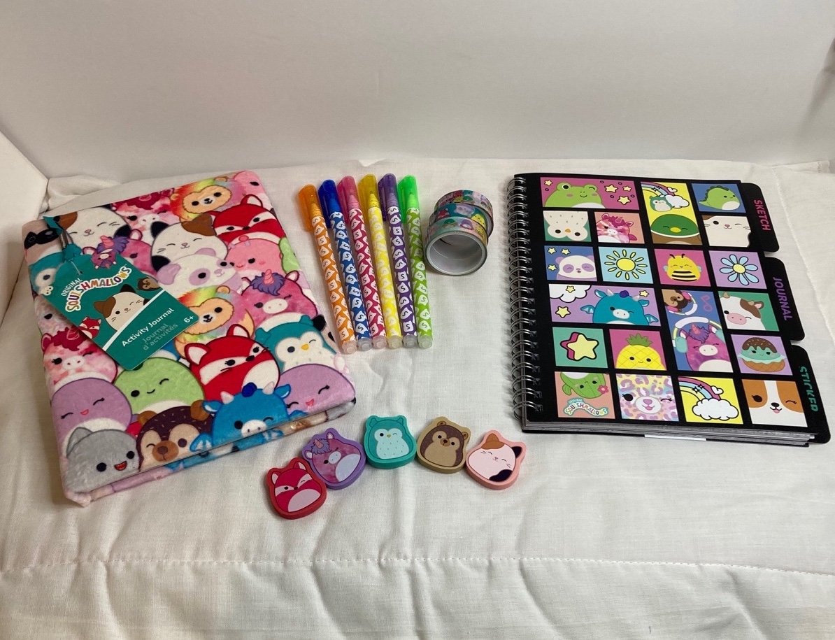 Squishmallow bundle Activity Journal 6 colorful pens, 5 animal erasers, Stickers