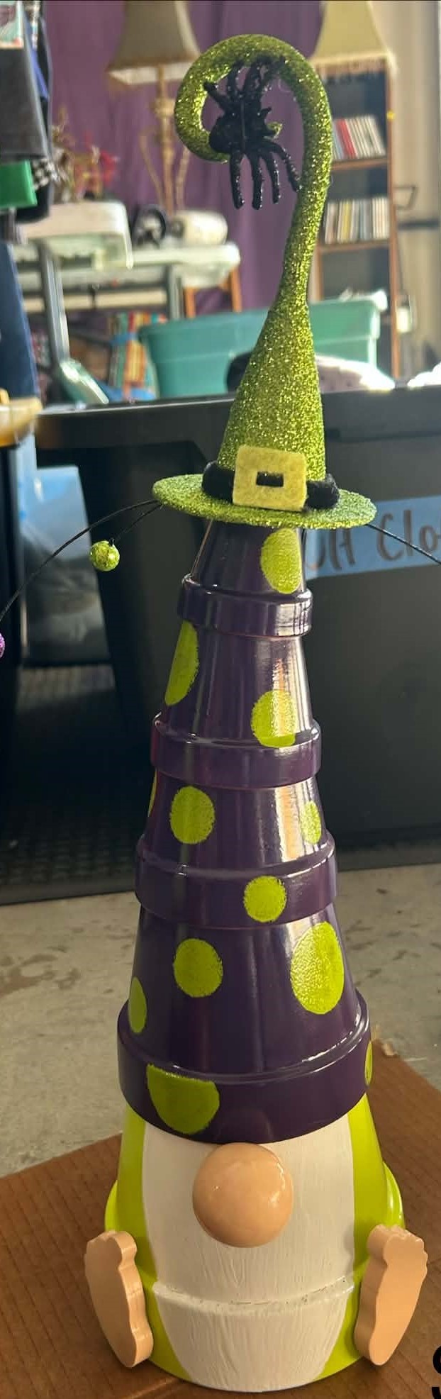 Gnome - Large - Green/Purple with Witch Hat & Spider